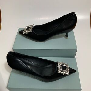 C.PARAVANO Black Crystal Buckle Pumps Size 6.5 US / 37 EU Kitten Heels Elegant
